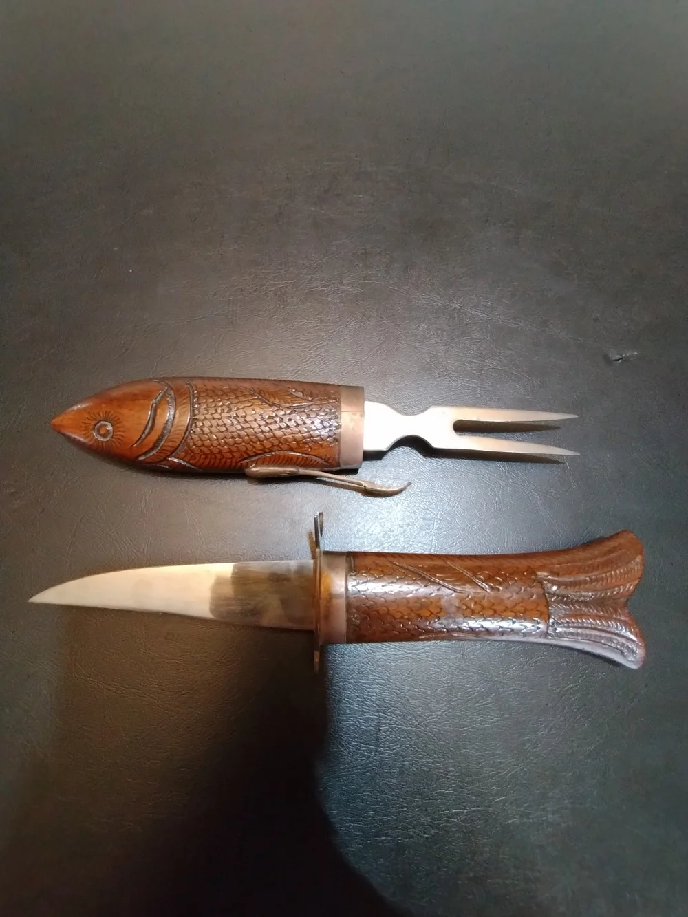 Vintage Handcrafted Wooden Fish Filet Knife Fork Kit